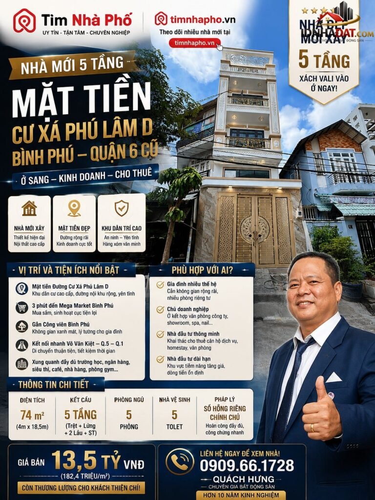 [Đánh Giá Bất Động Sản Sổ Đỏ] Nhà phố 5 tầng mặt tiền Cư Xá Phú Lâm D, Quận 6 với sổ đỏ