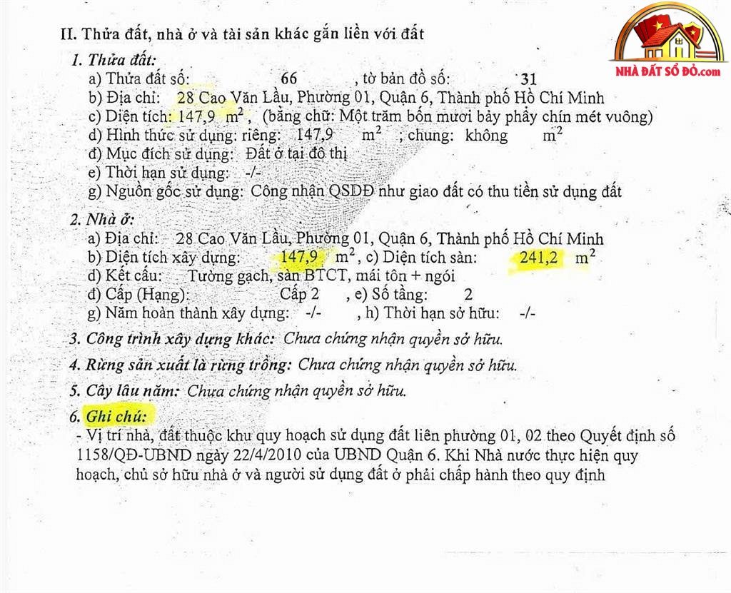 Bán nhà đất Đường Cao Văn Lầu – Phường cũ Bình Tiên Quận 6 – Phường mới Bình Tiên – Thành phố Hồ Chí Minh diện tích 147 m2 giá 20500000000