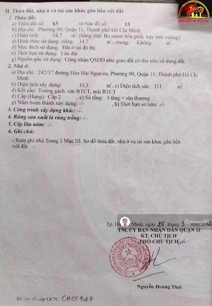 Bán nhà đất Đường Hàn Hải Nguyên – Phường cũ – Quận 11 – Phường mới – Thành phố Hồ Chí Minh – Diện tích 34 m2 – Giá 7.4 tỷ