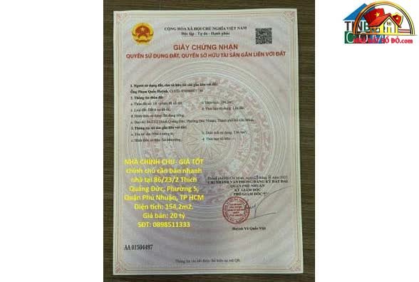 Bán nhà đất Đường Thích Quảng Đức – Phường cũ 5 Quận Phú Nhuận – Phường mới 5 – Thành phố Hồ Chí Minh Diện tích 154 m² giá 20 tỷ