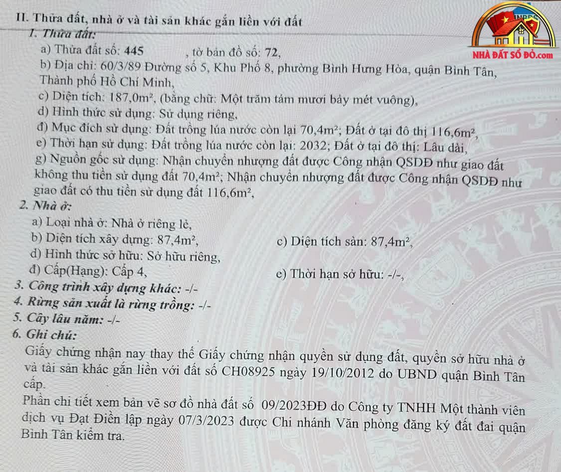 Bán nhà đất Đường Số 5 – Phường cũ Bình Hưng Hòa Quận Bình Tân – Phường mới Bình Hưng Hòa – Thành phố Hồ Chí Minh Diện tích 187 m² Giá 18 tỷ