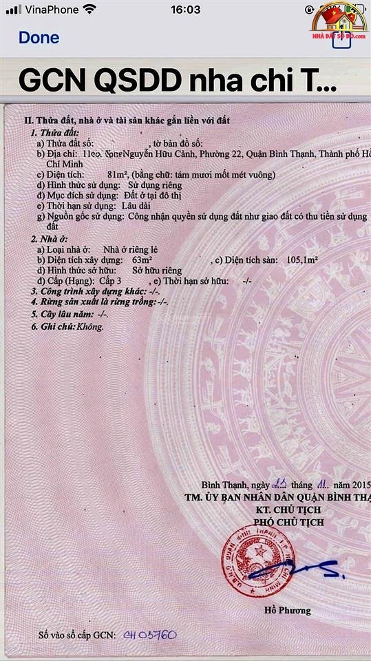 Bán nhà đất Đường Nguyễn Hữu Cảnh – Phường cũ 22 Quận Bình Thạnh – Phường mới 22 – Thành phố Hồ Chí Minh diệntích 81m² giá 9 tỷ