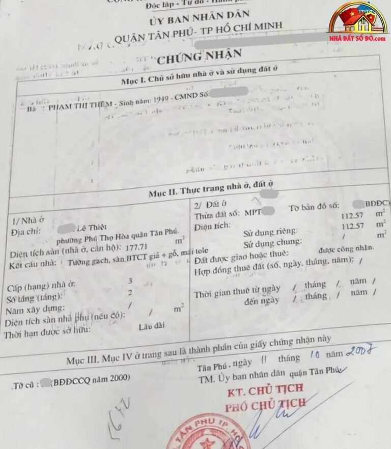 Bán nhà đất Đường Lê Thiệt – Phường cũ Phú Thọ Hòa Quận Tân Phú – Phường mới Phú Thọ Hòa – Thành phố Hồ Chí Minh diện tích 112m² giá 13500 triệu