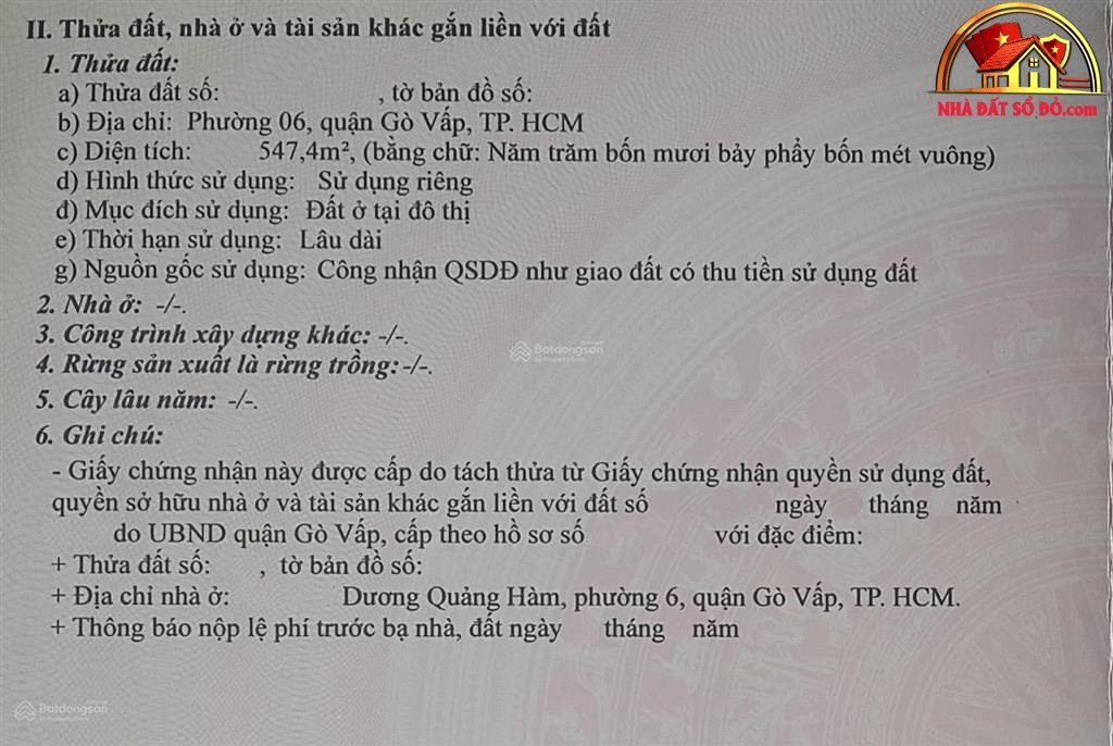 Bán nhà đất Đường Dương Quảng Hàm – Phường cũ 6 Quận Gò Vấp – Phường mới 6 – Thành phố Hồ Chí Minh diện tích 547 m2 giá 63000000000
