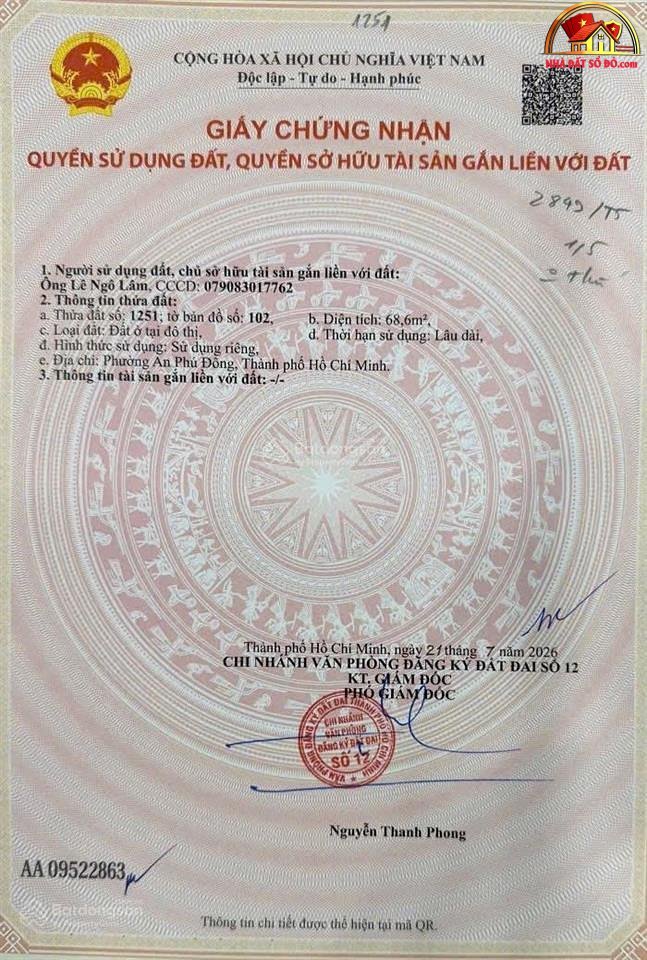 Bán nhà đất Đường Vườn Lài – Phường cũ An Phú Đông – Quận 12 – Tỉnh Hồ Chí Minh – Diện tích 68 m2 – Giá 5.8 tỷ