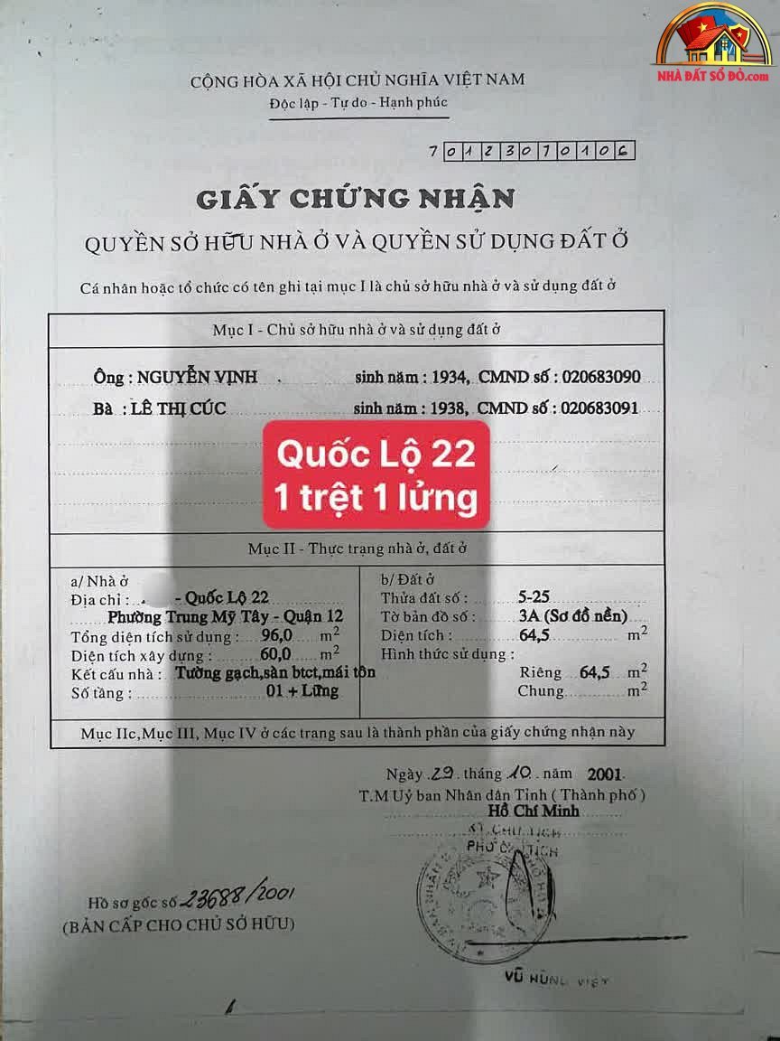Bán nhà mặt phố Quốc Lộ 22 – Phường cũ Trung Mỹ Tây Quận 12 – Phường mới Trung Mỹ Tây – Thành phố Hồ Chí Minh 96 m² 8.5 tỷ