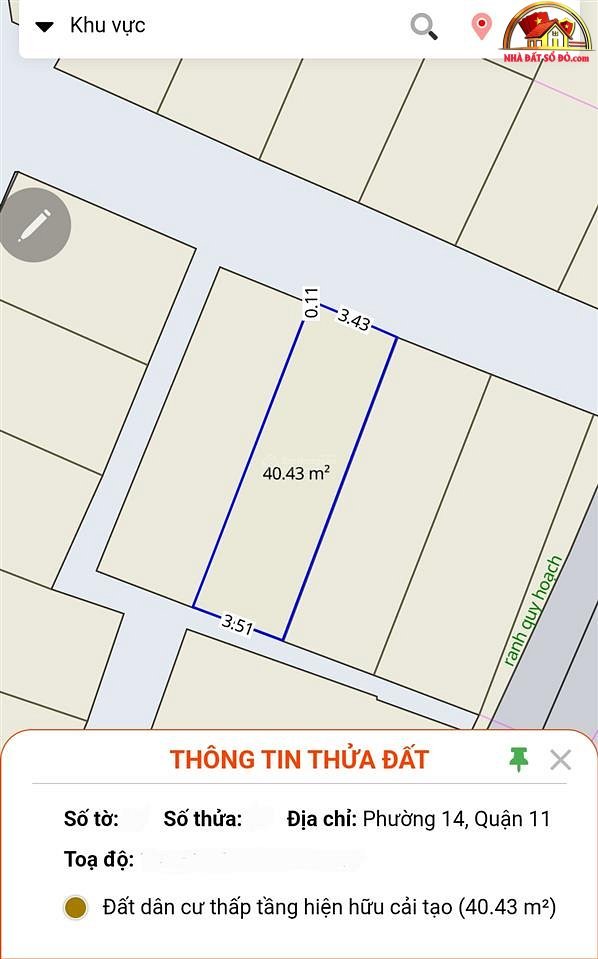 Bán nhà đất Đường Phú Thọ – Phường cũ 14 Quận 11 – Phường mới 14 – Thành phố Hồ Chí Minh – Diện tích 40 m2 – Giá 6.5 tỷ