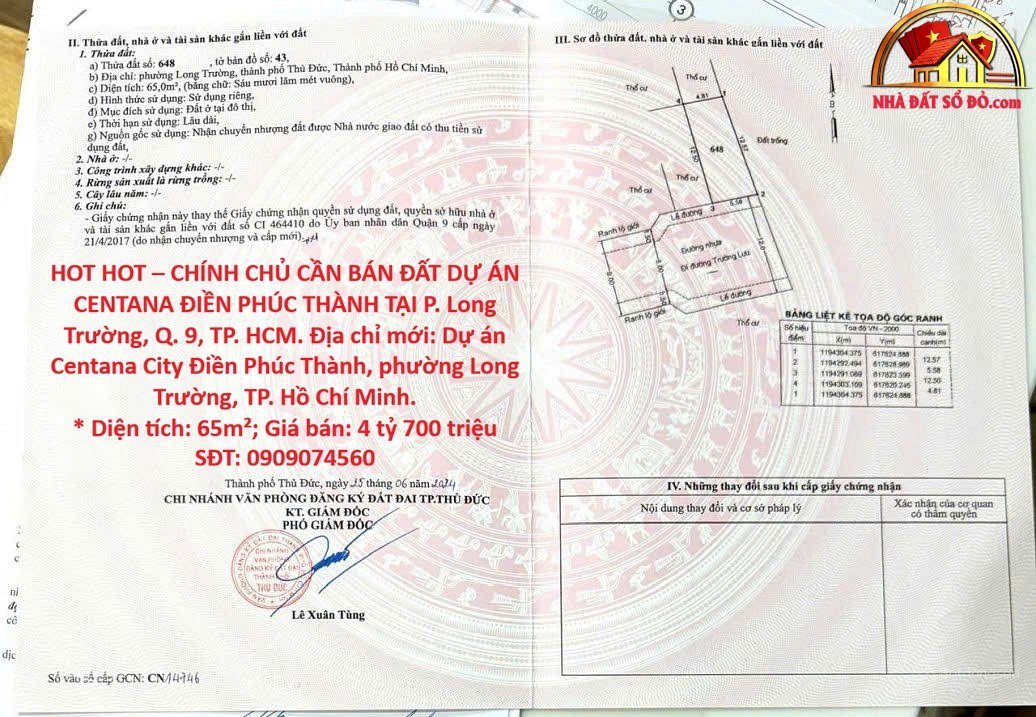 Hot hot chính chủ cần bán đất dự án centana điền phúc thành tại p. long trường, q. 9, tp. hcm Bán nhà đất Đường Phường Long Trường – Phường cũ Long Trường Quận 9 – Phường mới Long Trường – Thành phố Hồ Chí Minh 65m2 4.7 tỷ