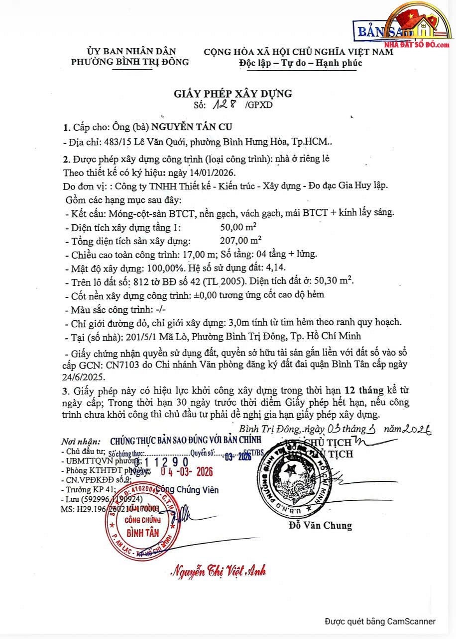 Chính chủ bán nhà 1 trệt 3 lầu Đường Mã Lò – Phường cũ Bình Trị Đông A Quận Bình Tân – Thành phố Hồ Chí Minh diện tích 50m2 giá 6.8 tỷ