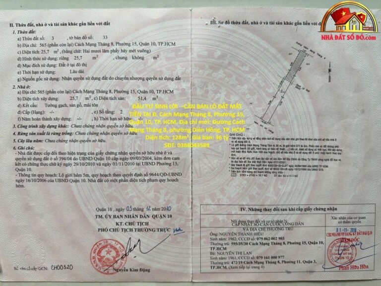 Đầu tư sinh lời cần bán lô đất mặt tiền tại đ. cách mạng tháng 8, phường 15, quận 10, tp. hcm – Bán nhà đất Đường Cách Mạng Tháng 8 – Phường cũ 15 Quận 10 – Phường mới Diên Hồng – Thành phố Hồ Chí Minh 128m2 3.6 tỷ