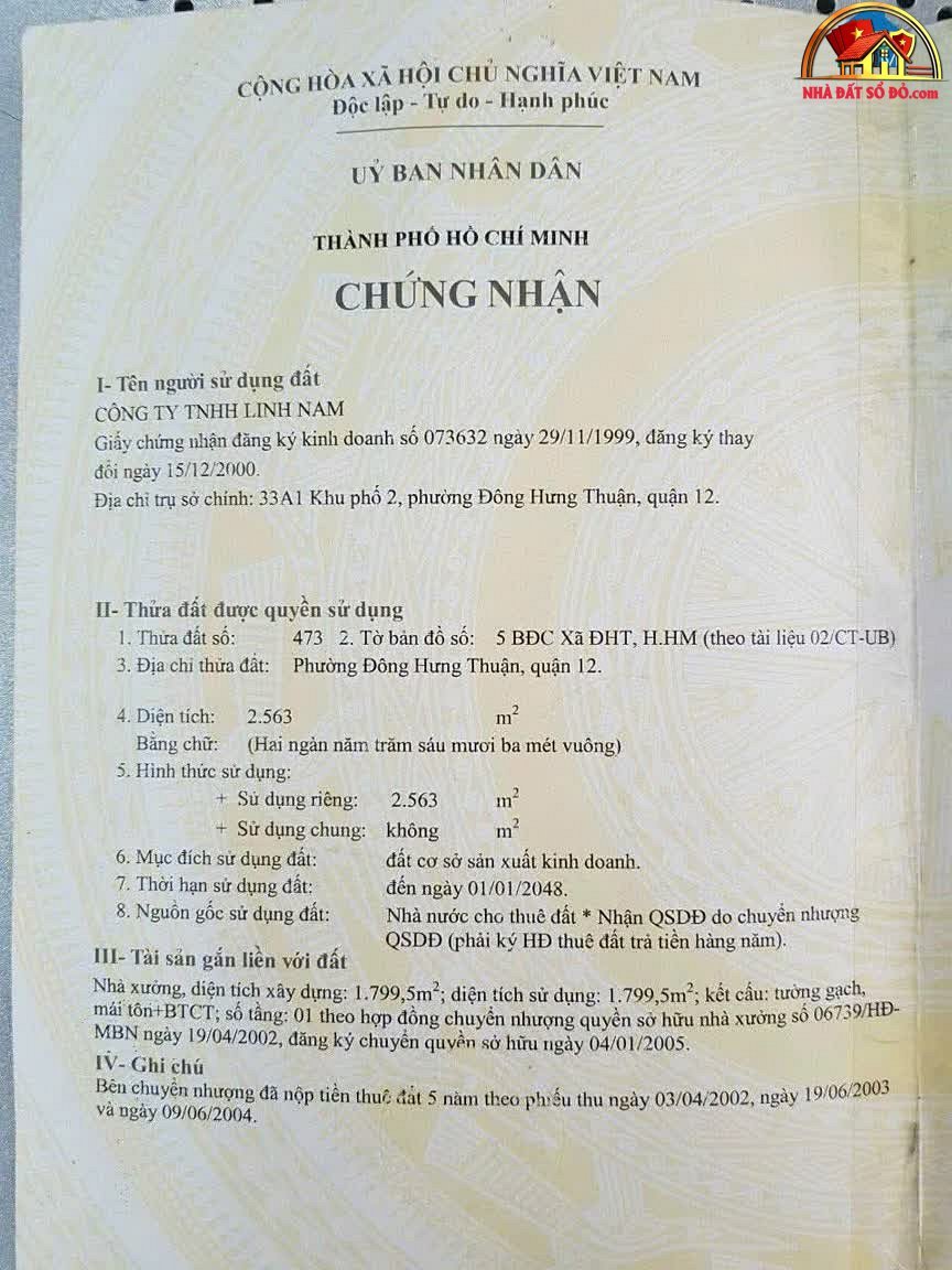 Bán kho, nhà xưởng Đường Đông Hưng Thuận 17 – Phường cũ Không xác định – Quận 12 – Phường mới Không xác định – Thành phố Hồ Chí Minh 2563 m² 65 tỷ