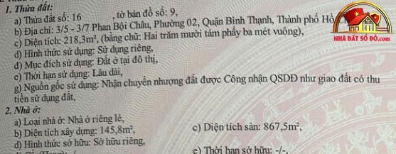 Bán nhà đất Đường Phan Bội Châu – Phường cũ 2 Quận Bình Thạnh – Phường mới 2 – Thành phố Hồ Chí Minh diện tích 218 m2 giá 44500000000