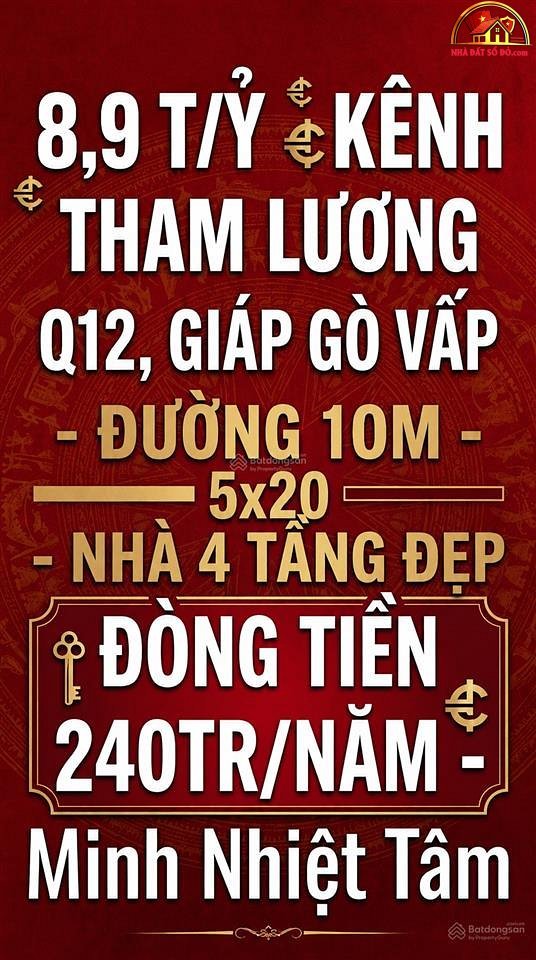 Bán nhà đất Đường Kênh Tham Lương – Phường cũ Tân Chánh Hiệp – Quận 12 – Phường mới Tân Chánh Hiệp – Thành phố Hồ Chí Minh – Diện tích 100 m² – Giá 8.9 tỷ