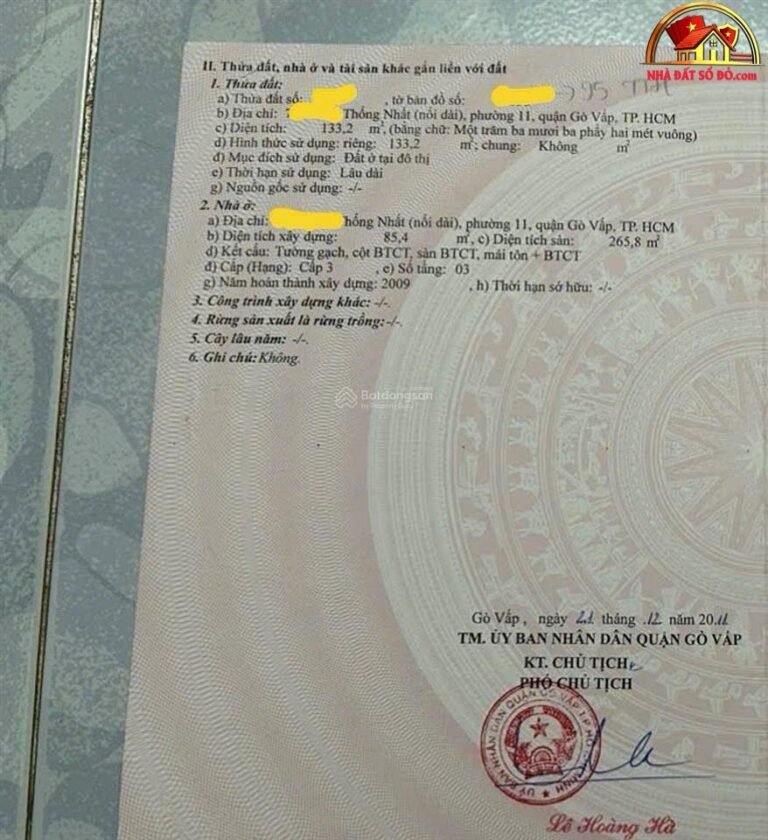 Nhà riêng 133m2 giá 9.5 tỷ – Bán nhà đất Đường Thống Nhất – Phường cũ 11 Quận Gò Vấp – Phường mới 11 – Thành phố Hồ Chí Minh