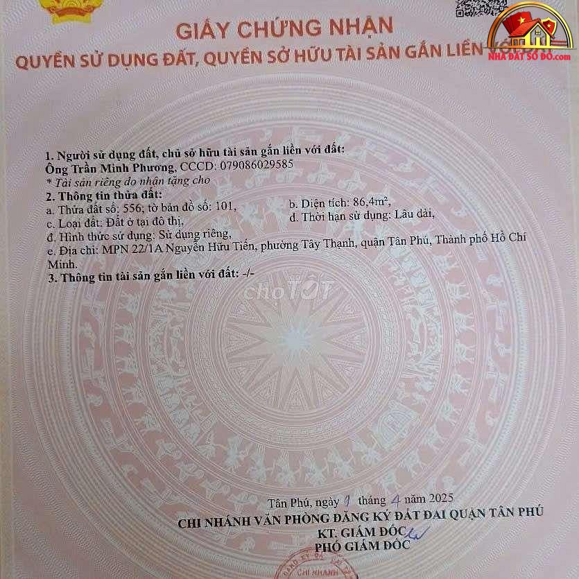Bán nhà đất Đường Nguyễn Hữu Tiến – Phường cũ Tây Thạnh Quận Tân Phú – Phường mới Tây Thạnh – Thành phố Hồ Chí Minh diện tích 86 m2 giá 8.2 tỷ