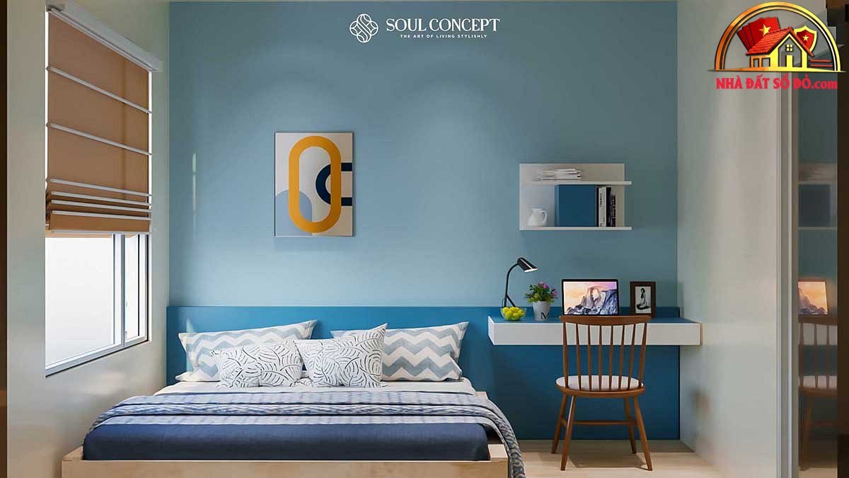 Một chiếc giường và bàn ghế làm việc đơn giản được sắp xếp tinh tế, không hề tạo cảm giác lộn xộn
