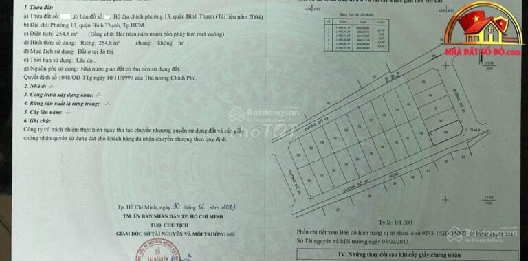 Gia đình cần bán gấp lô đất villa 255 m2 giá chỉ 24.5 tỷ – Đường Bình Lợi – Phường 13 – Quận Bình Thạnh – TP Hồ Chí Minh – NHÀ ĐẤT BẤT ĐỘNG SẢN SỔ ĐỎ