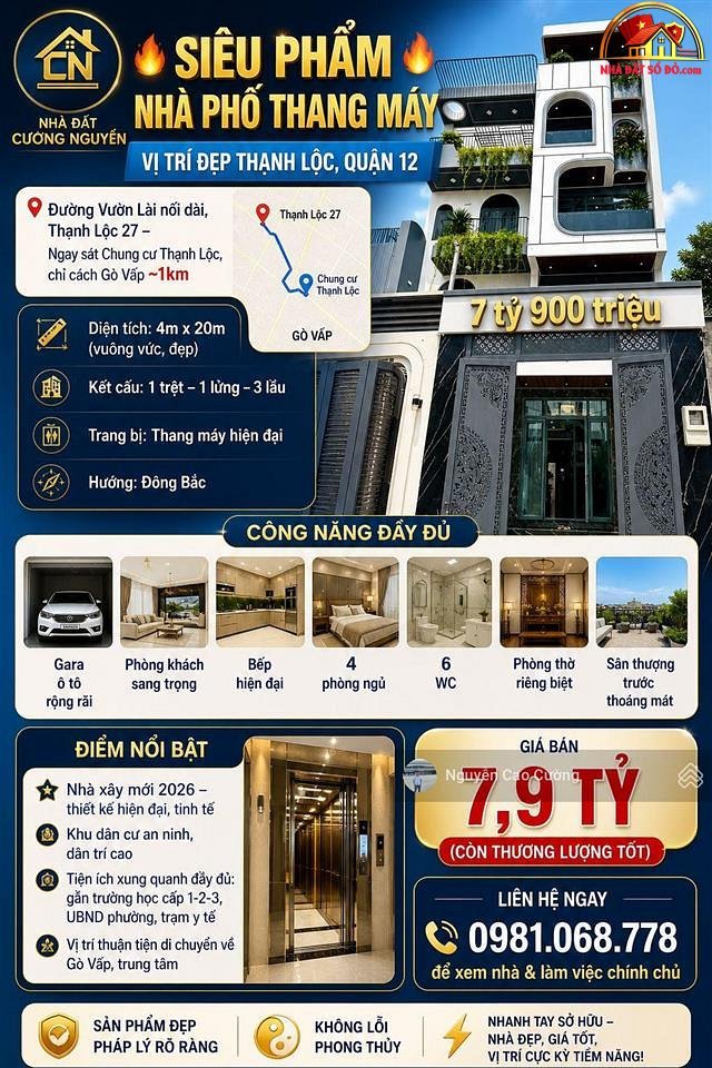 Nhà phố thang máy 5 tầng, 74m2 chỉ 7.79 tỷ – Thạnh Lộc – Quận 12 – NHÀ ĐẤT BẤT ĐỘNG SẢN SỔ ĐỎ