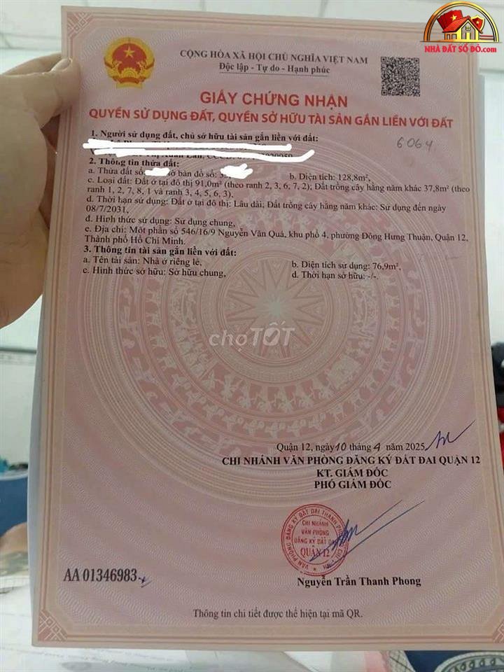 Nhà đất sổ đỏ Quận 12 TP.HCM giá 4.95 tỷ, diện tích 128m2