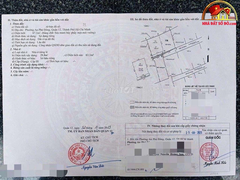 Bán nhà đất sổ đỏ Quận 12 TP.HCM – Nhà 2 tầng, 69m2 giá 2.95 tỷ