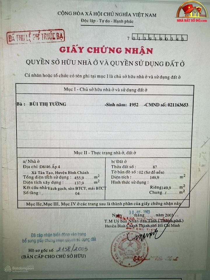 Nhà đất sổ đỏ TP.HCM – Bán nhà 150m2 tại Tỉnh lộ 10, P. Tân Tạo