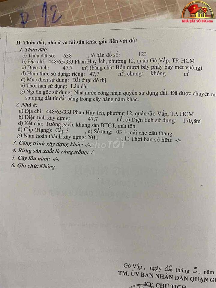 Bán nhà đất sổ đỏ Phan Huy Ích, Quận Gò Vấp, TP.HCM giá 5.99 tỷ