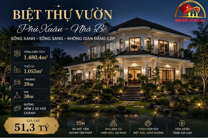 Biệt thự vườn 1.500m2 giá chỉ 51,3 tỷ – Đầu tư sinh lời tại Phú Xuân – TP HCM – NHÀ ĐẤT BẤT ĐỘNG SẢN SỔ ĐỎ